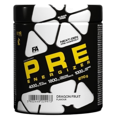 FA Nutrition Pre Energizer 270g dragon fruit flavour pre-workout supplement with creatine and beta-alanine, in a black container with yellow text.