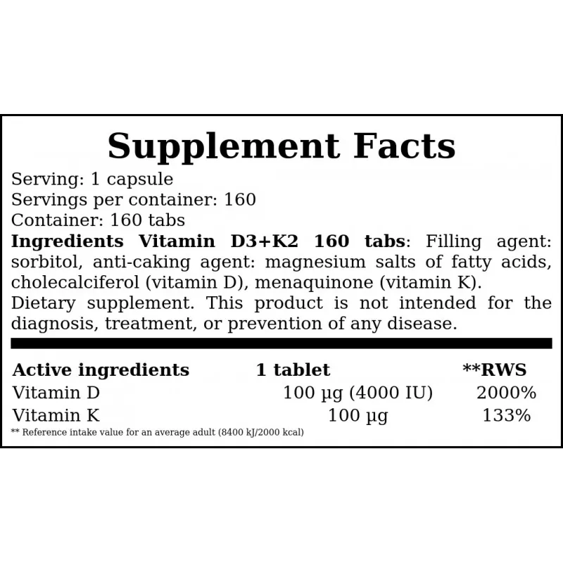 Hiro Lab Vitamin D3 4000IU + K2 MK7 160 Tabs packaging, showing product label with dosage and key ingredients.