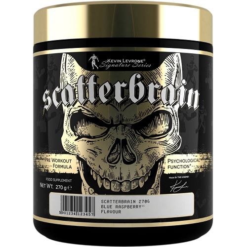 Kevin Levrone ScatterBrain 270g blue raspberry pre-workout supplement with a skull design label, part of the Signature Series, intended for psychological function and workout performance.