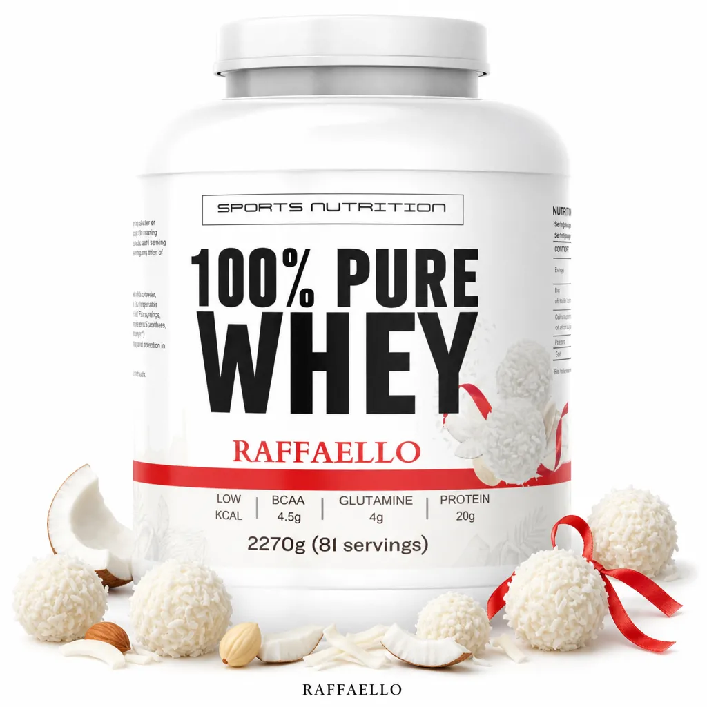 Sports Nutrition 100% Pure Whey 2270g Raffaello flavour protein powder, featuring 20g protein per serving, with visible coconut and almond elements on the label.