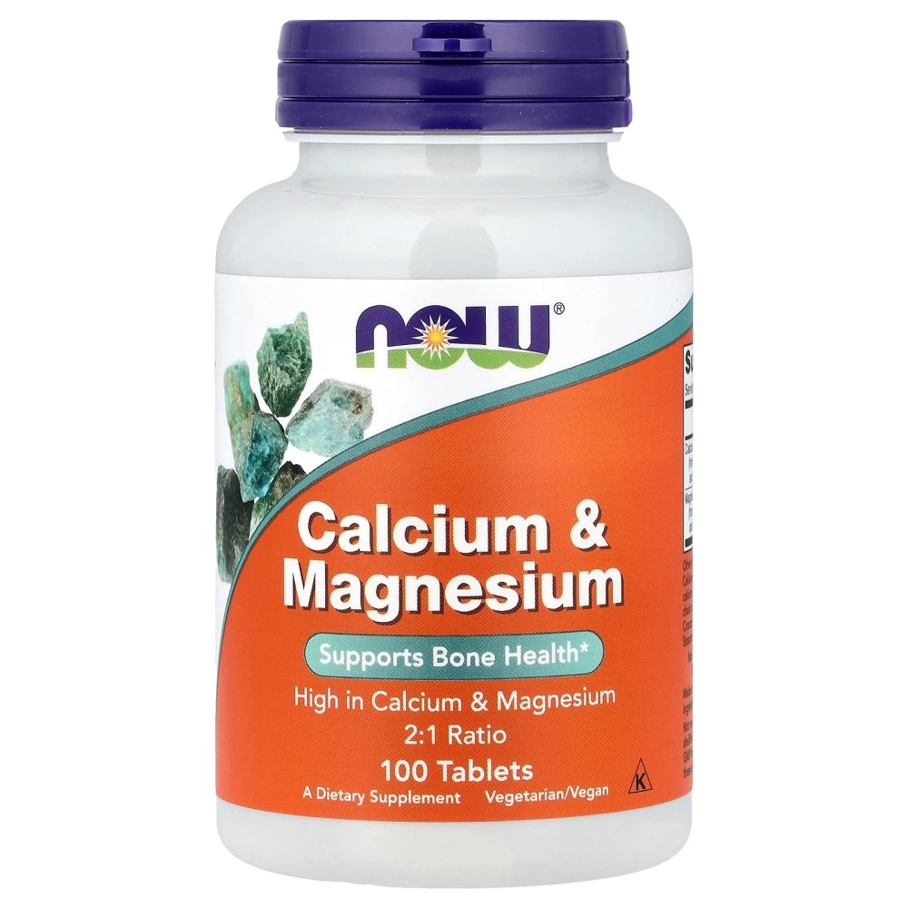 NOW Foods Calcium & Magnesium 100 Tabs bottle, white plastic container with orange label and 100 vegetarian tablets