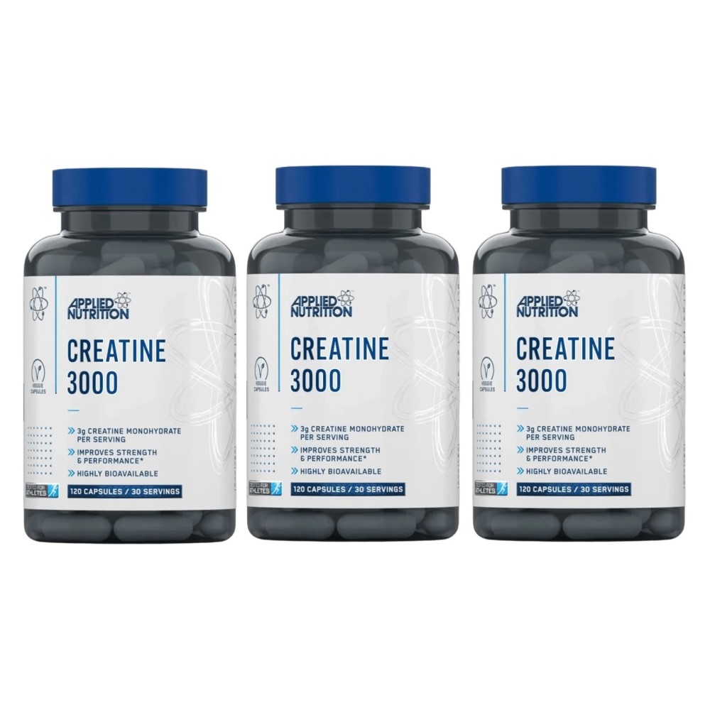 Applied Nutrition Creatine 3000 capsules, creatine monohydrate supplement, 3-pack of 120 capsules each, for strength and performance, white and blue bottles.