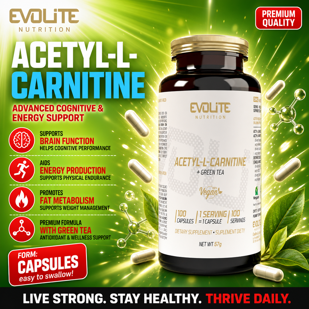 Evolite Acetyl-L-Carnitine + Green Tea 100 capsules vegan dietary supplement for cognitive and energy support, with antioxidant and wellness benefits, in a green-themed package.