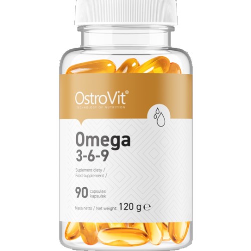 OstroVit Omega 3-6-9 dietary supplement, 90 capsules, omega fatty acids, transparent bottle with golden softgel capsules, 120g net weight.