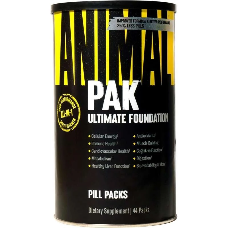 Universal Nutrition Animal Pak multivitamin supplement, 44 pill packs, black and yellow container, designed for high-performance athletes and overall health support.