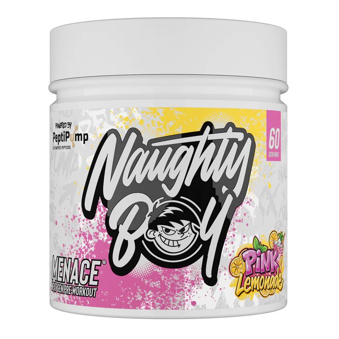 Naughty Boy Menace V2 Pre-Workout pink lemonade flavour supplement with 60 servings, featuring a colorful label and cartoon logo.