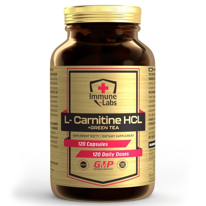 Immune Labs L-Carnitine HCL + Green Tea dietary supplement, 120 capsules, formulated for daily use, in a brown bottle with gold and black label.