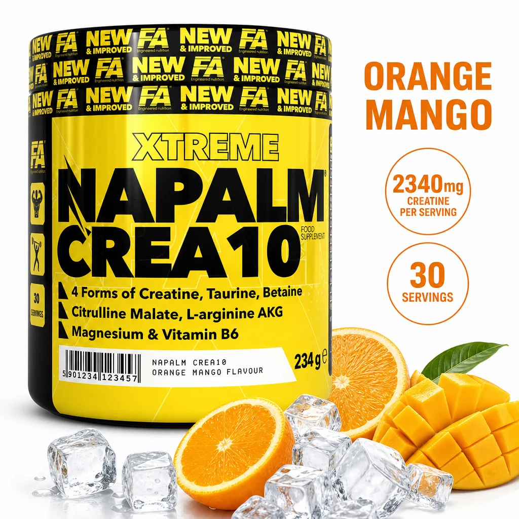 FA Nutrition Napalm Crea10 orange mango creatine powder, 234g tub with 30 servings, shown with orange, mango and ice