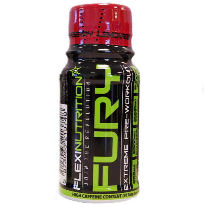 Flexi Nutrition Fury Extreme Pre-Workout Shot cherry lemonade flavour, a high-caffeine pre-workout supplement in a 60ml black and green bottle with a red cap.