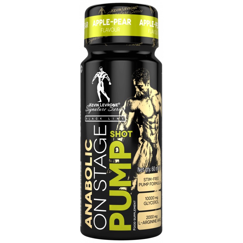 Kevin Levrone Anabolic On Stage Pump Shot 60ml apple-pear flavour stim-free pump formula supplement with 10000mg glycerol and 2000mg L-arginine AKG in a black and gold bottle.