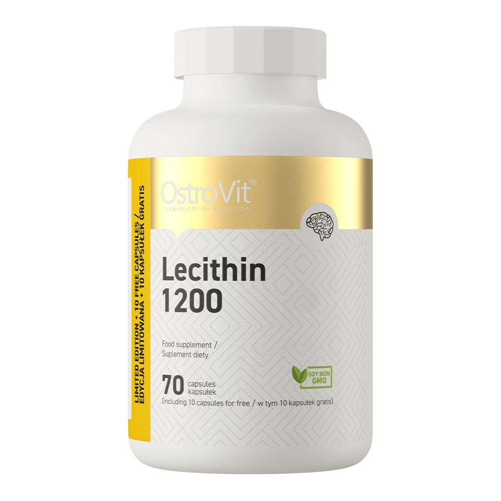 OstroVit Lecithin 1200 food supplement, 70 capsules, soy non-GMO, limited edition with 10 free capsules, in a white and gold bottle.