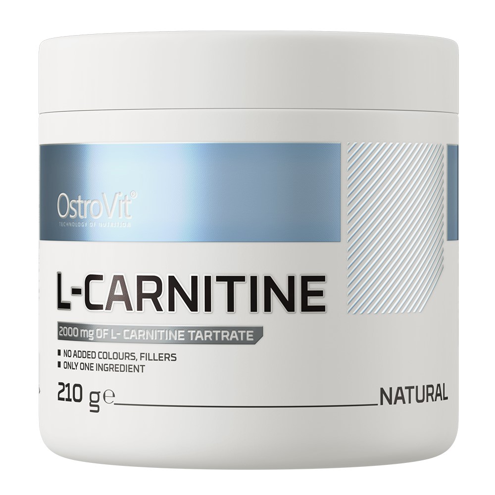 OstroVit L-Carnitine 210g natural unflavoured powder supplement, featuring 2000 mg of L-carnitine tartrate per serving, with no added colours or fillers.