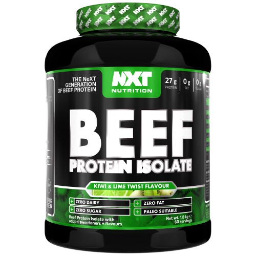 NXT Nutrition Beef Protein Isolate 1800g tub with shaker bottle and scoop of powder