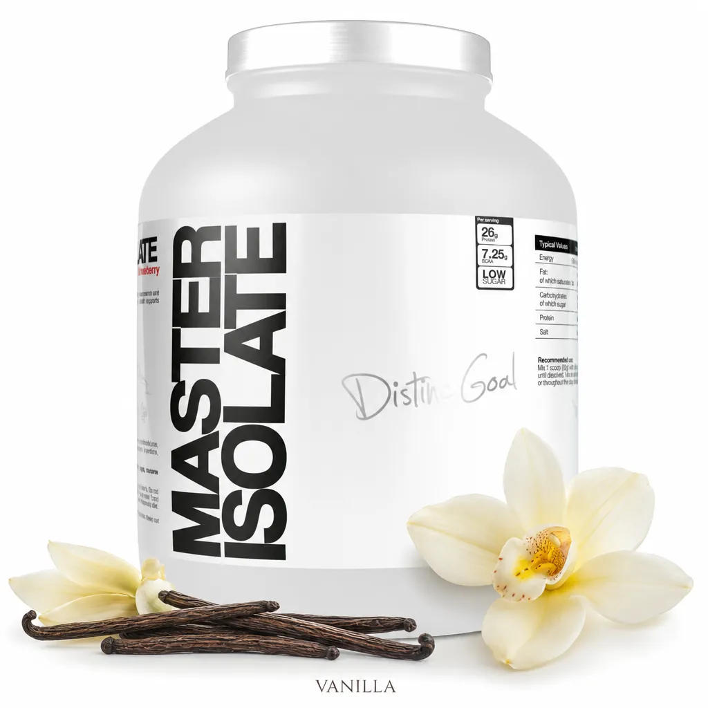 Master Nutrition Isolate 2000g vanilla whey protein isolate powder in a large white container, featuring vanilla beans and flowers to indicate the vanilla flavor.