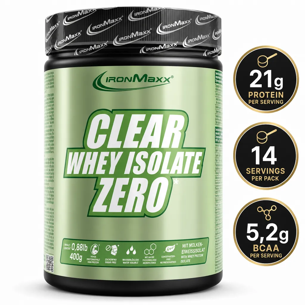 IronMaxx Clear 100% Whey Isolate ZERO 400g protein powder in a green tub with 21g protein per serving