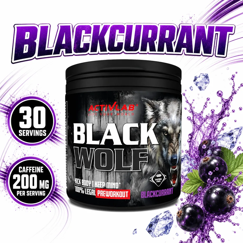 Activlab Black Wolf 300g blackcurrant pre-workout powder in a black tub with 30 servings and 200mg caffeine per serving