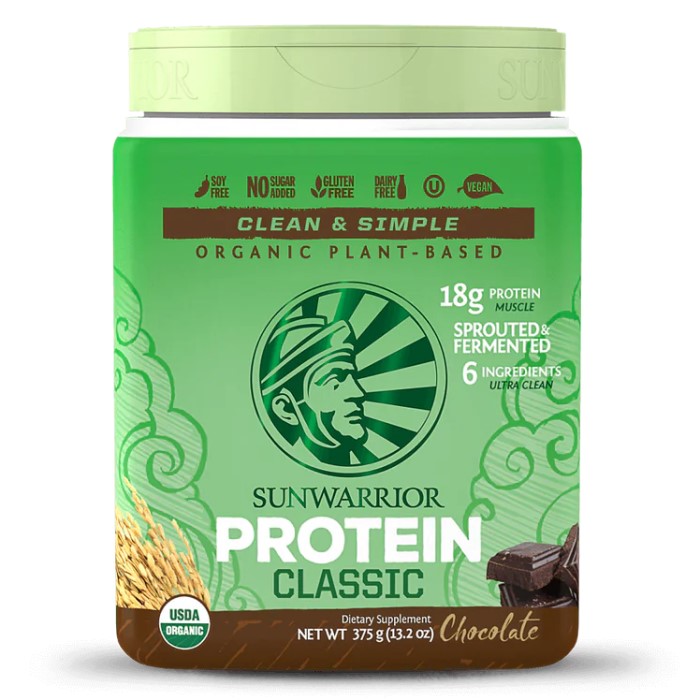 Sunwarrior Protein Classic Chocolate 375g organic plant-based protein powder, chocolate flavour, vegan, gluten-free, soy-free, USDA organic, green packaging.