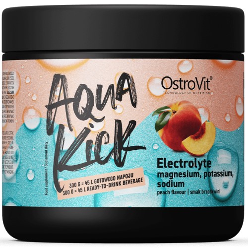 OstroVit Aqua Kick Electrolyte 300g peach flavour supplement with magnesium, potassium, and sodium, shown in a black tub with a colourful label featuring a peach illustration.
