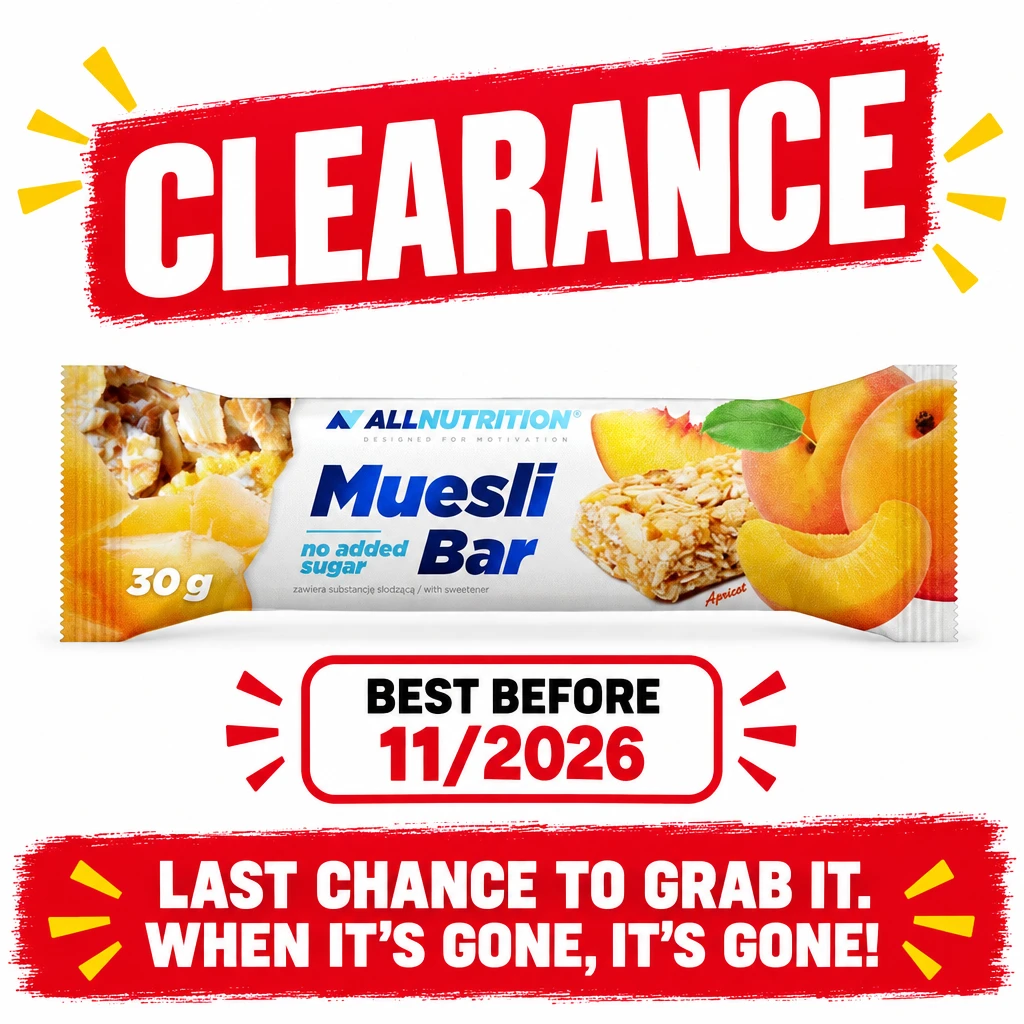 Allnutrition Muesli Bar Apricot is a 30 g oat-and-fruit snack bar shown in a white, blue and yellow wrapper marked no added sugar.