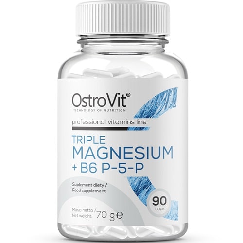 OstroVit Triple Magnesium + B6 P-5-P 90 caps dietary supplement with magnesium and vitamin B6 in capsule form, white and blue label, 70g net weight.