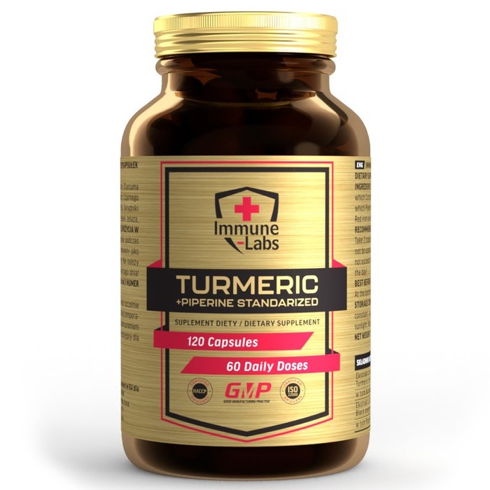 Immune Labs Turmeric +Piperine Standardized dietary supplement, 120 capsules, formulated for daily use to support health, in a gold and brown bottle.