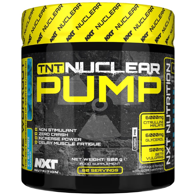 NXT Nutrition TNT Nuclear Pump pre-workout supplement, 50 servings, non-stimulant formula with citrulline malate, glycerol, and beta vulgaris, in a black and yellow container.