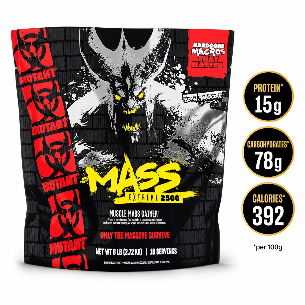 Mutant Mass Extreme 2500 2.72kg muscle mass gainer in a black, red and yellow bag