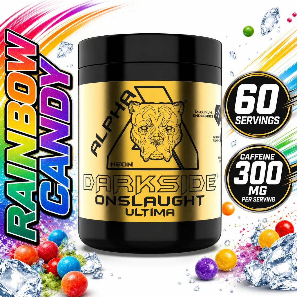Alpha Neon Darkside Onslaught Ultima Rainbow Candy pre-workout powder, 60 servings, in a black tub with a gold label.
