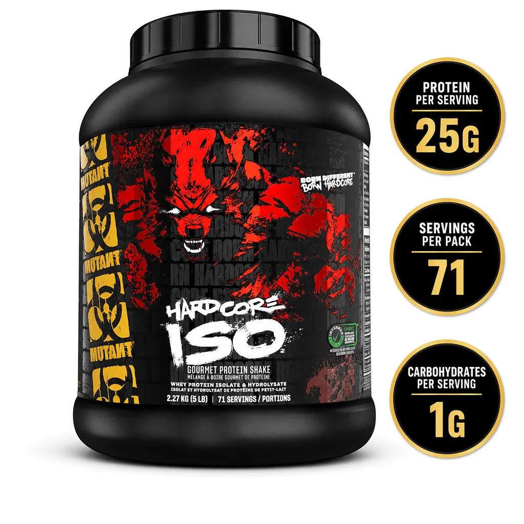 Mutant Hardcore Iso 2270g protein powder in a black tub, featuring 25g protein and 1g carbohydrates per serving