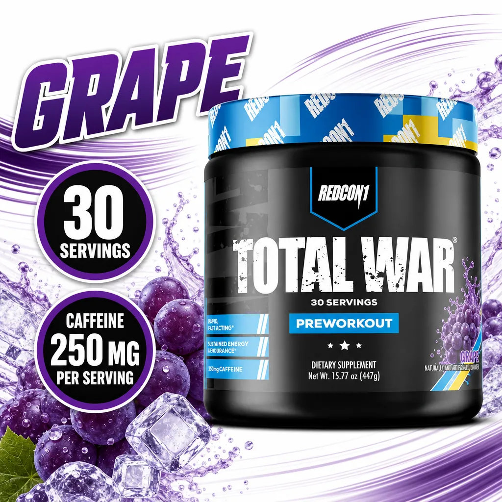 Redcon1 Total War Pre Workout in grape flavour, 30 servings, with 250 mg caffeine per serving