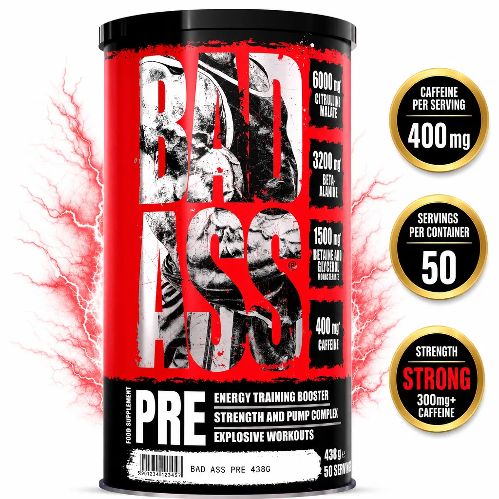 Bad Ass Pre 438g pre-workout powder supplement in a red and black tub with 50 servings