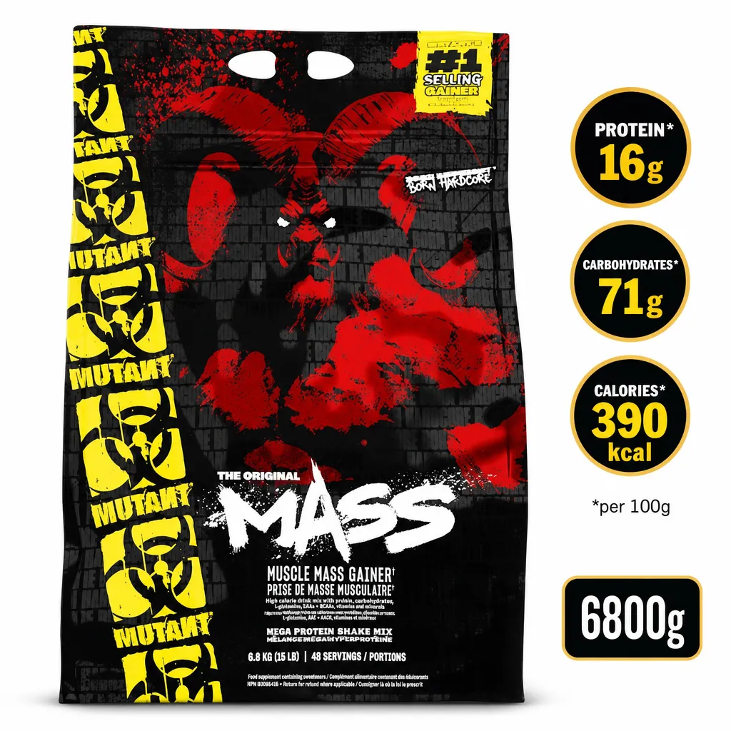 Mutant Mutant Mass 6800g muscle mass gainer supplement in a black, red and yellow bag with 16g protein per 100g.