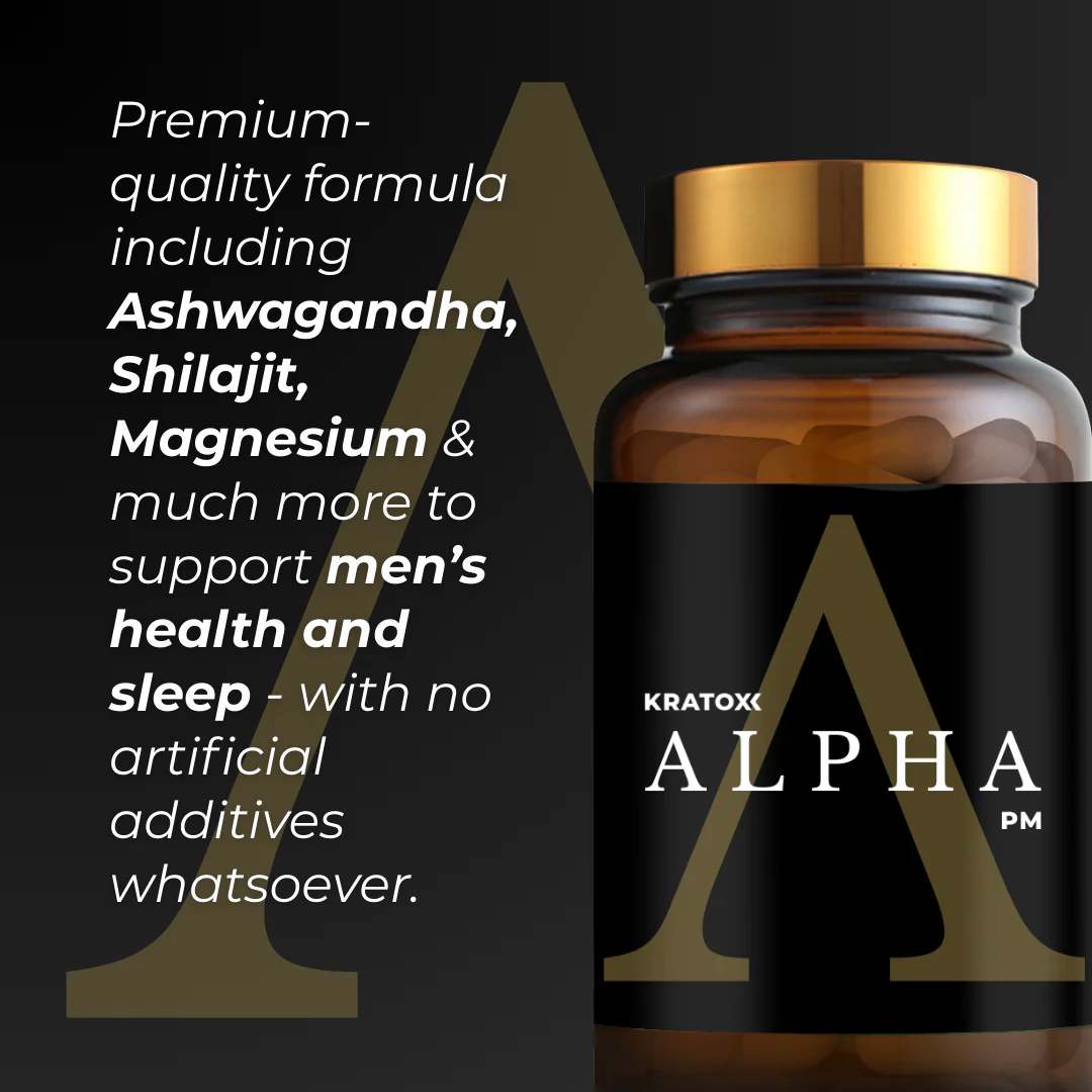 Kratox Alpha PM bottle with capsules displayed beside container, emphasizing capsule size and quantity