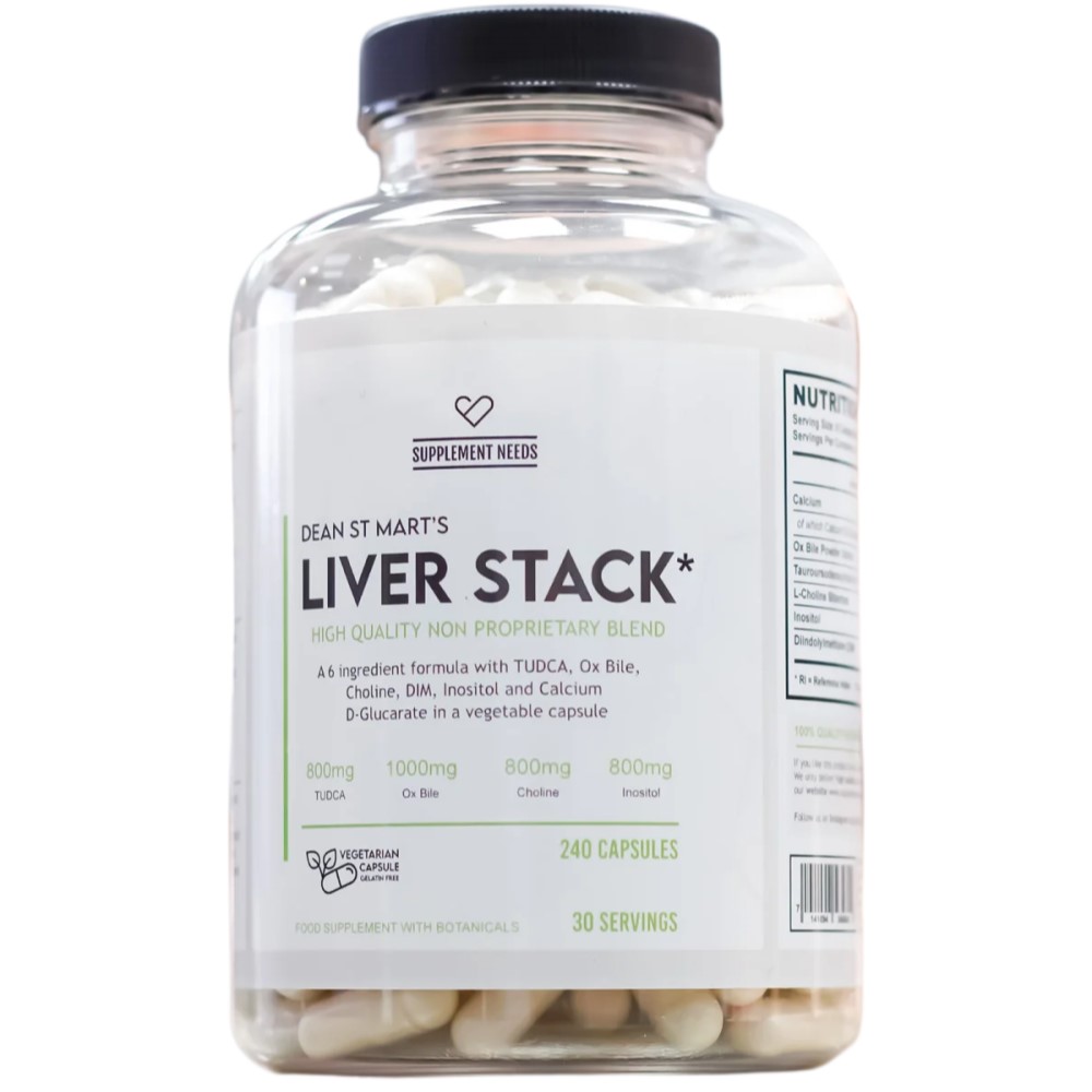 Supplement Needs Liver Stack 240 capsules, a high quality non proprietary blend for liver support with TUDCA, Ox Bile, Choline, Inositol, and other ingredients in vegetarian capsules.