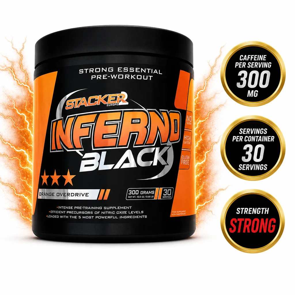 Stacker2 Inferno Black 300g orange overdrive pre-workout supplement in a black and orange tub with 300mg caffeine per serving