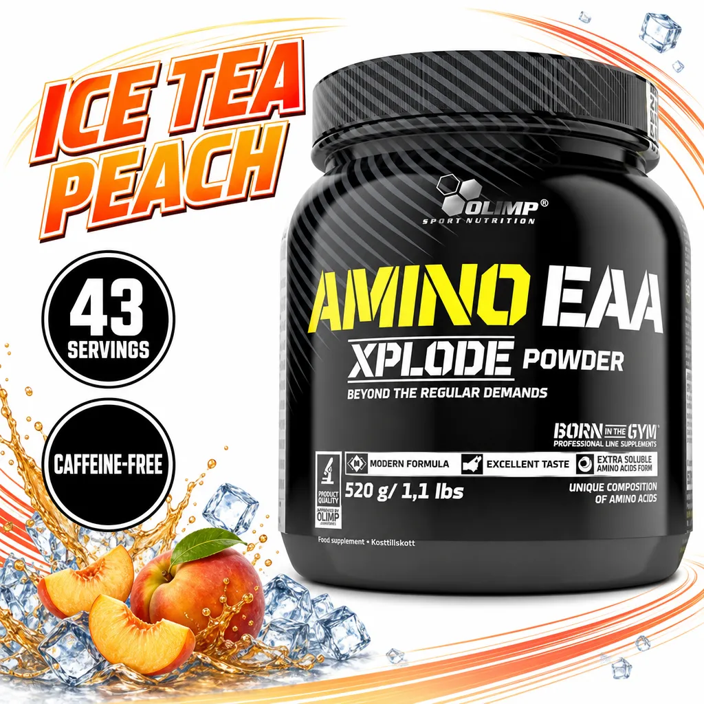 Olimp Amino EAA Xplode Powder 520g essential amino acid supplement in peach flavour, black powder tub with 43 servings
