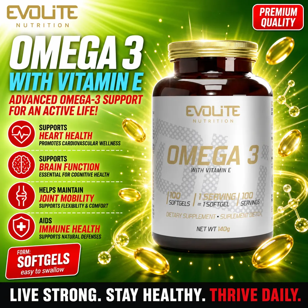 Evolite Omega 3 with Vitamin E dietary supplement, 100 softgels, supports heart, brain, joint, and immune health, in a brown bottle with gold cap and green background.