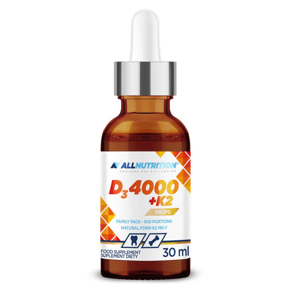 Allnutrition Vit D3 4000+K2 Drops 30ml vitamin D and K supplement in liquid drop form, amber bottle with dropper, suitable for bone and immune support.