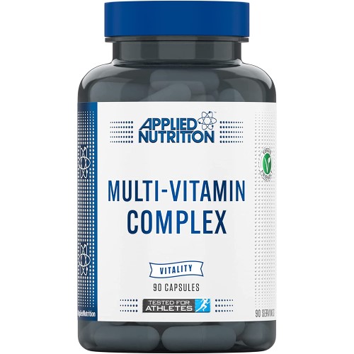 Applied Nutrition Multi-Vitamin Complex 90 capsules, a dietary supplement for vitality, tested for athletes, in a blue and white bottle.