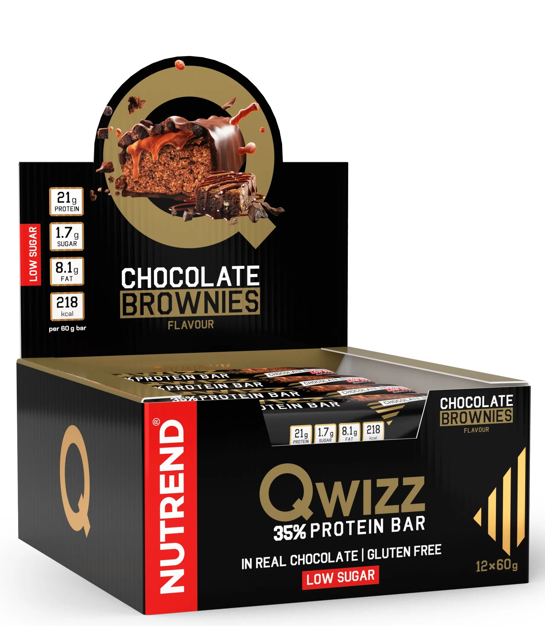 Nutrend Qwizz Protein Bar, chocolate brownies flavour, 60 g bars in a 12-pack with 21 g protein and low-sugar black packaging.