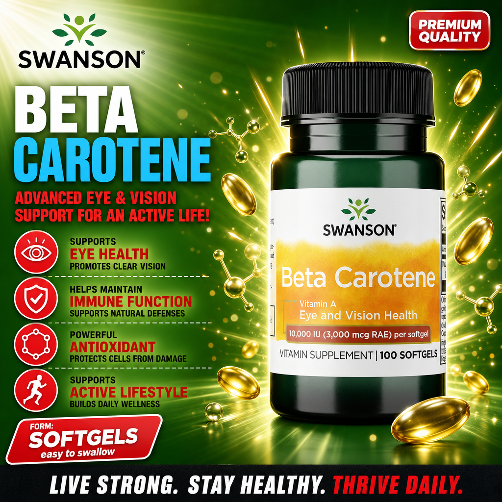 Swanson Beta Carotene 10000 IU 100 softgels vitamin A supplement for eye and vision health, antioxidant support, and immune function, in a green bottle with yellow label.