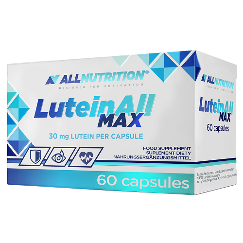 Allnutrition LuteinAll Max 60 capsules, a dietary supplement containing 30 mg lutein per capsule, in a white and blue box packaging.