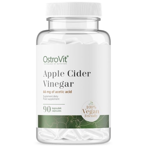 OstroVit Apple Cider Vinegar 90 Vege Caps, vegan-friendly food supplement with 66 mg of acetic acid per capsule, in a clear bottle with green and white label.