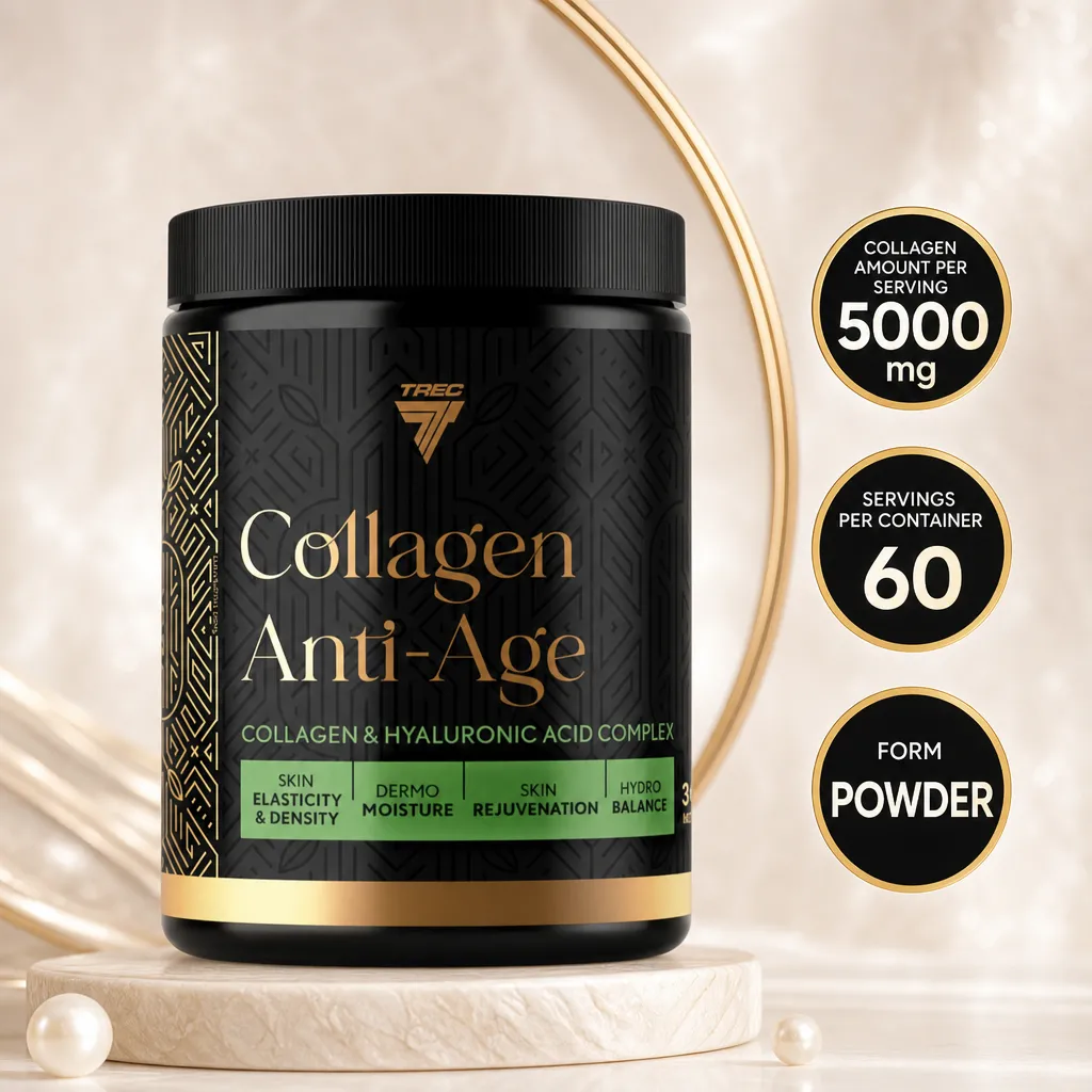 Trec Nutrition Collagen Anti-Age 300g marine collagen and hyaluronic acid powder supplement in black and gold packaging