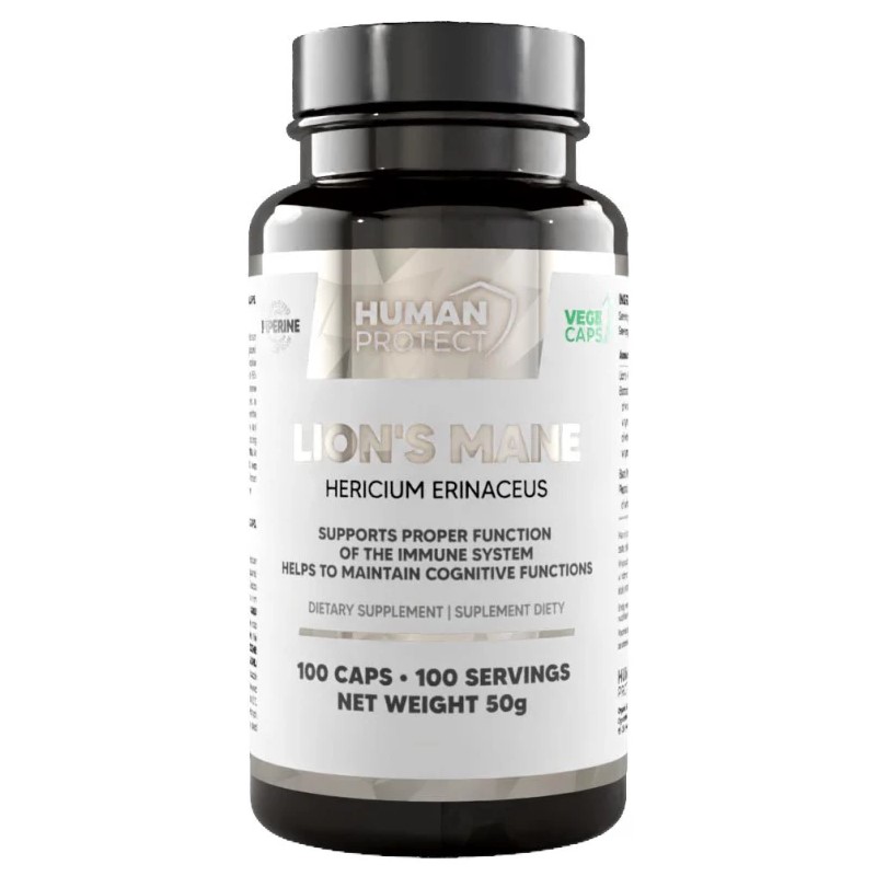 Human Protect Lion's Mane dietary supplement, 100 capsules, Hericium erinaceus extract, supports immune and cognitive function, in a black and white bottle.