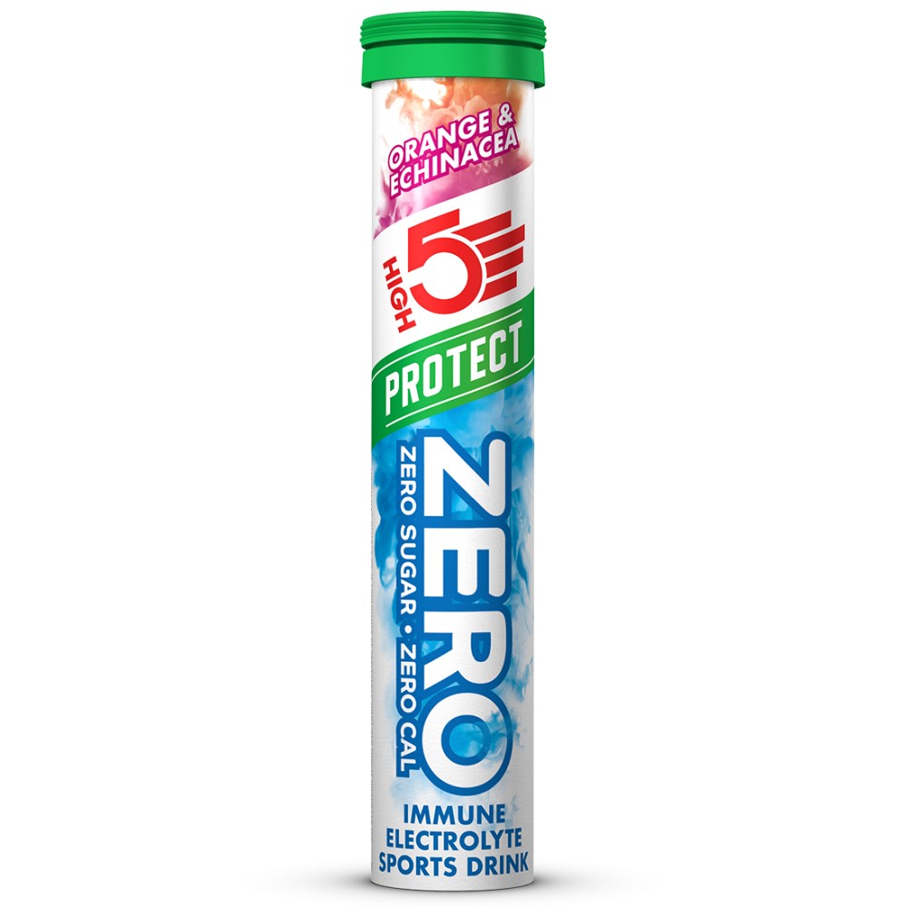 High5 Protect Zero Orange & Echinacea effervescent tablets for immune and electrolyte support, zero sugar, zero calorie sports drink supplement in a tube with a green cap.