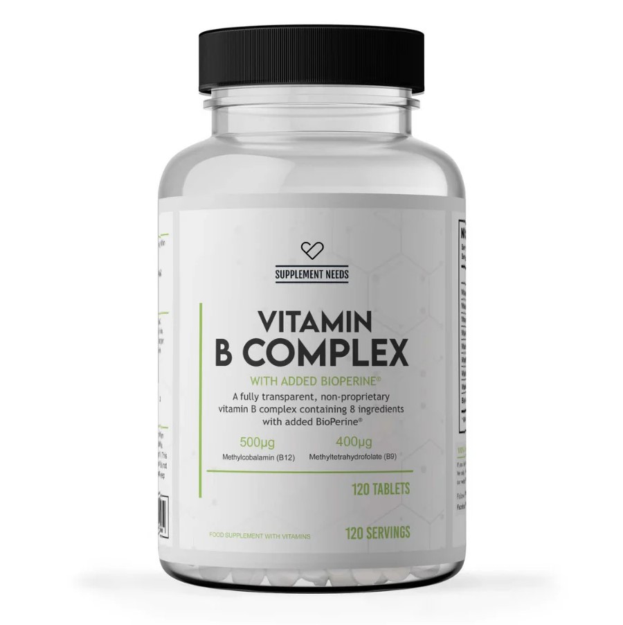 Supplement Needs Vitamin B Complex with added BioPerine, 120 tablets, a vitamin B supplement containing 8 ingredients, suitable for daily use.