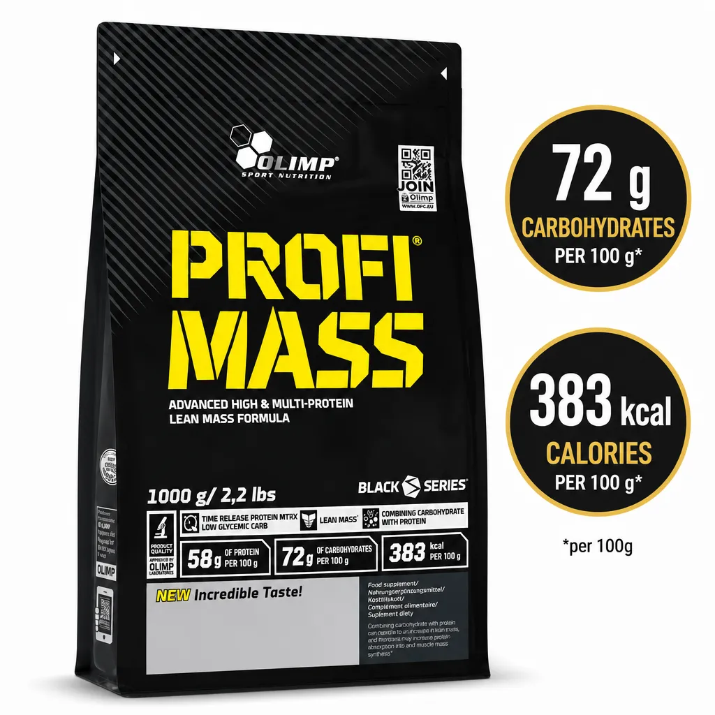 Olimp Profi Mass 1000g protein-carbohydrate powder in a black pouch with yellow lettering and 58g protein per 100g