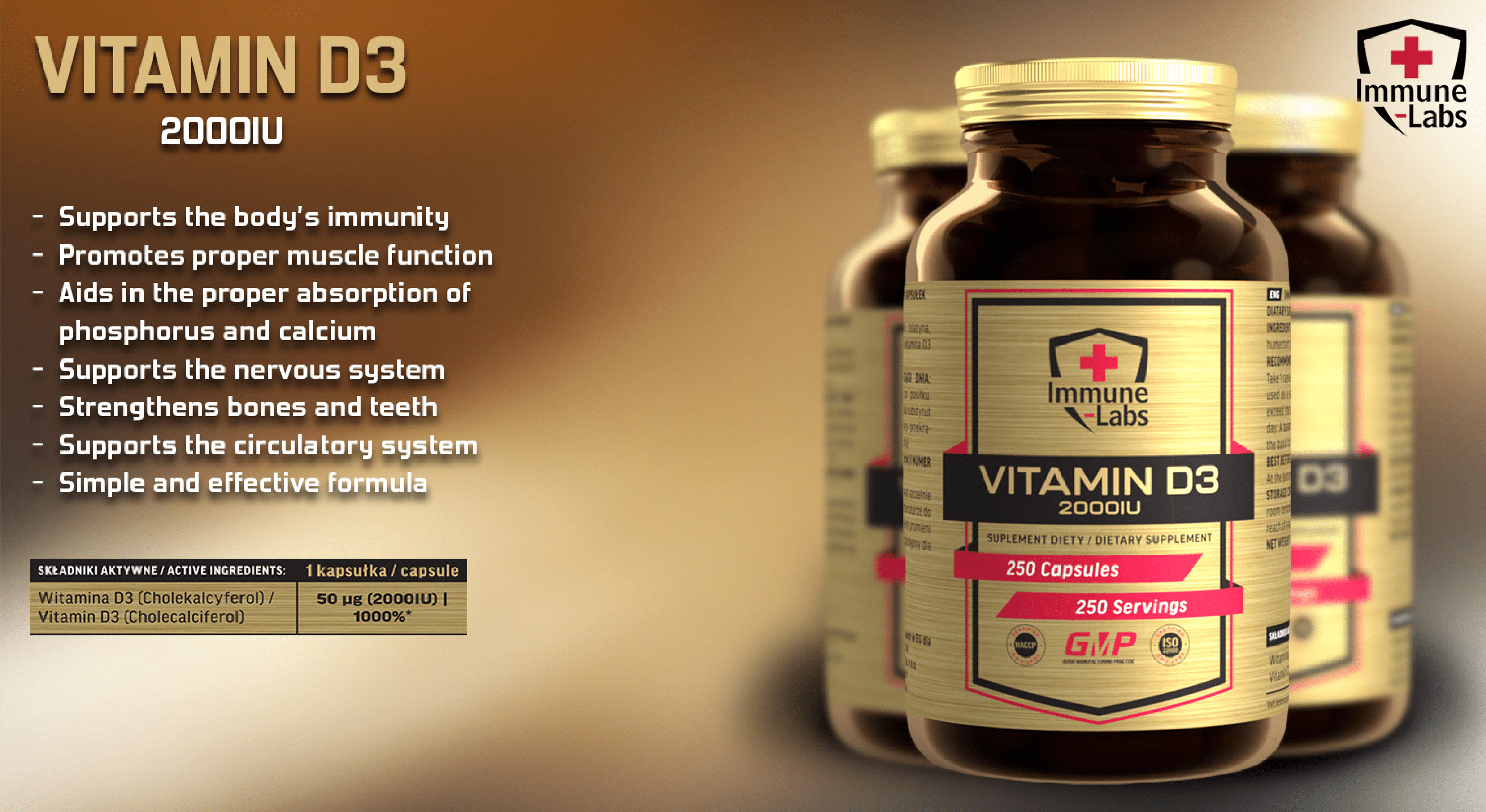 Immune Labs Vitamin D3 2000IU dietary supplement, 250 capsules, supports immunity, muscle function, and bone health, in a gold and black bottle.