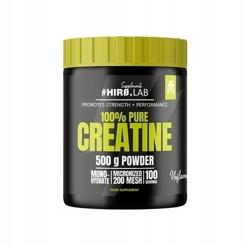 Hiro Lab Creatine Monohydrate Micronized 200 Mesh 500g Unflavoured in a white and blue plastic tub with label